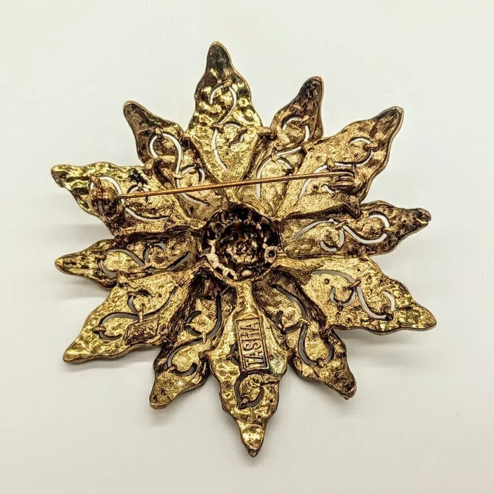 Vintage Tasha Golden Crystal Filigree Flower Pin Brooch